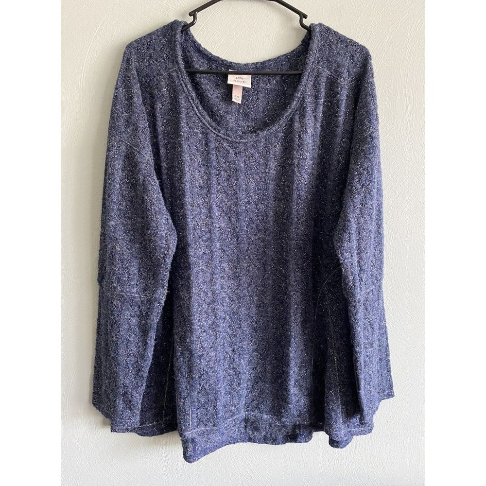 Knox Rose XXL Women’s Blue Metallic Sheer Fuzzy Knit Sweater Top Long Sleeve